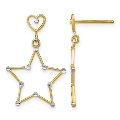 14k and White Rhodium Diamond-Cut Heart and Star Dangle Post Earrings