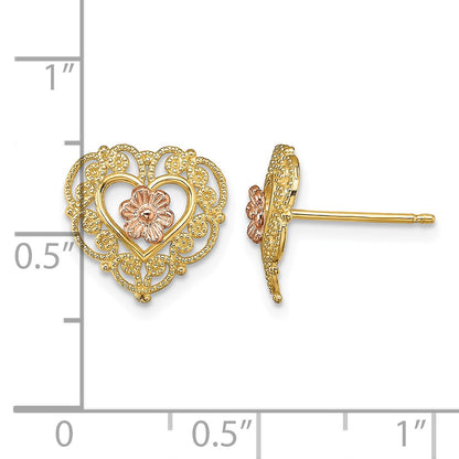 14k Two-Tone with Lace Trim and Flower Heart Post Earrings