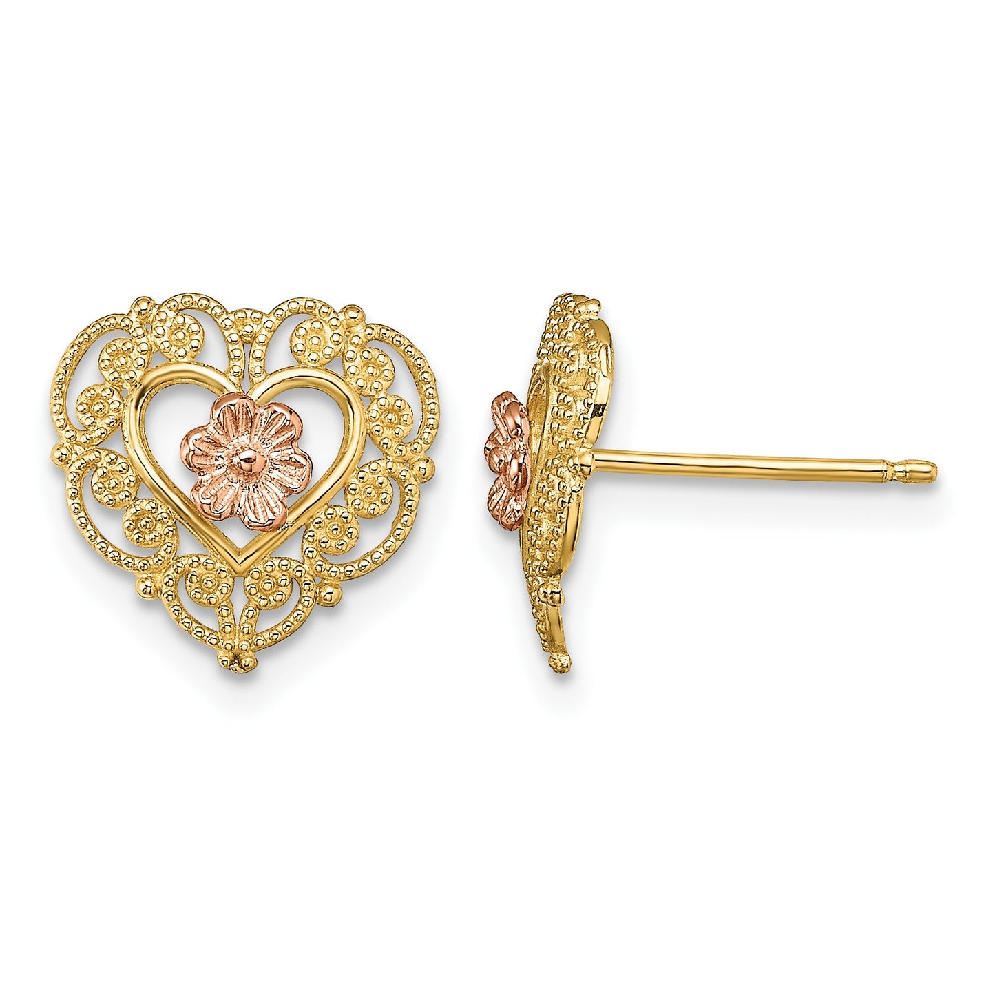 14k Two-Tone with Lace Trim and Flower Heart Post Earrings