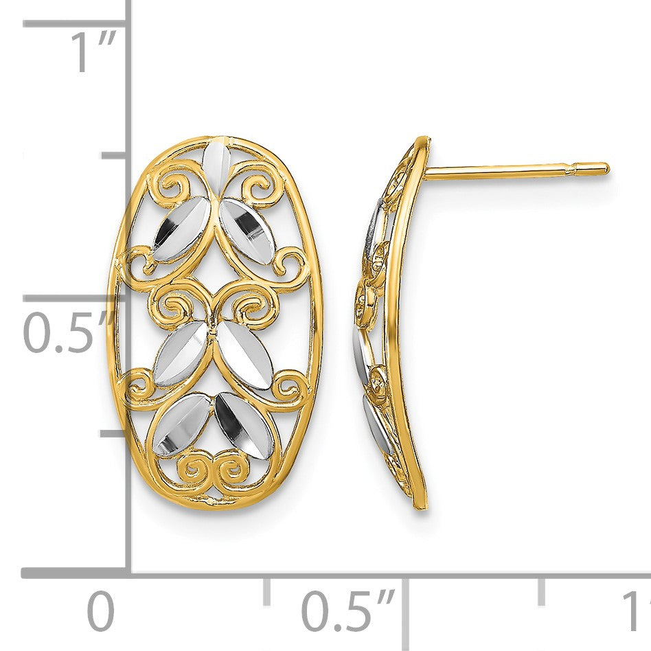 14K and White Rhodium Oval Diamond-cut Filigree Post Earrings