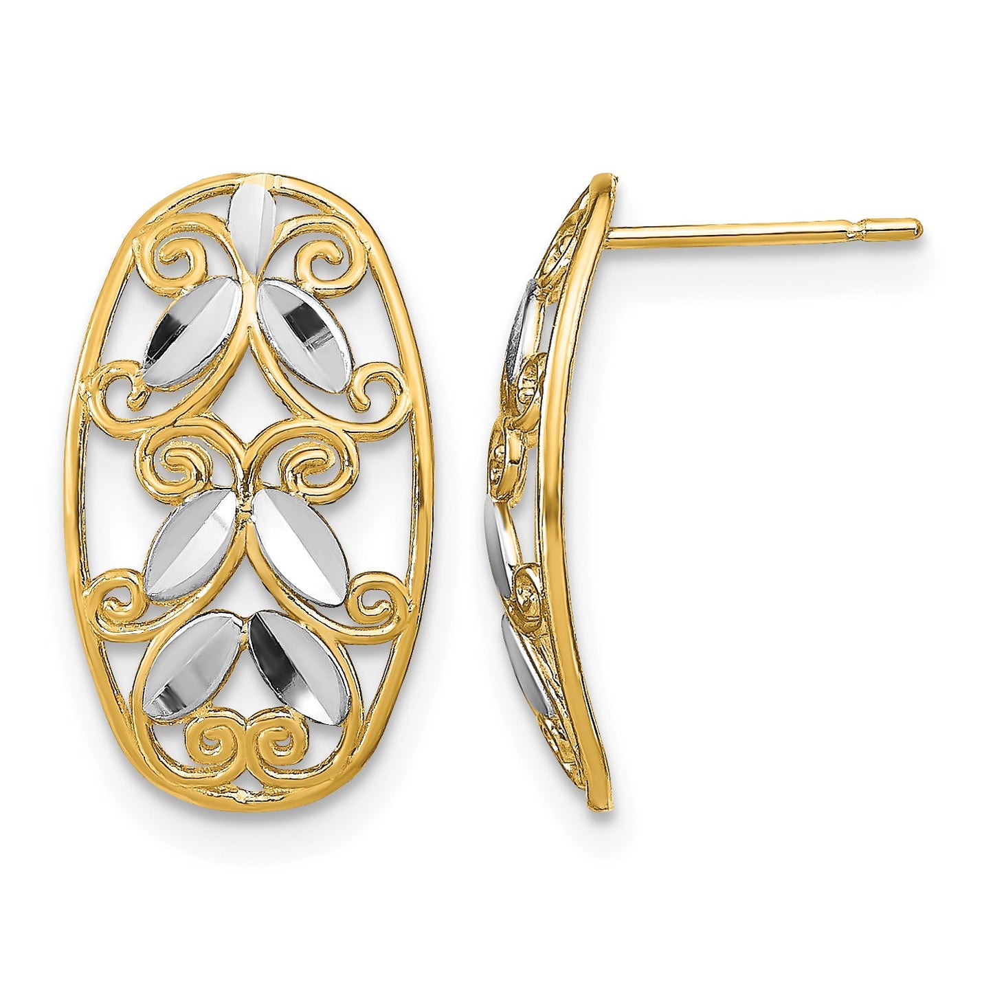 14K and White Rhodium Oval Diamond-cut Filigree Post Earrings