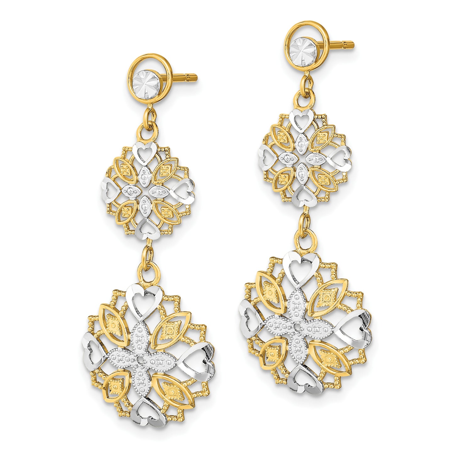 14k and White Rhodium Diamond-cut Flower and Heart Dangle Post Earrings