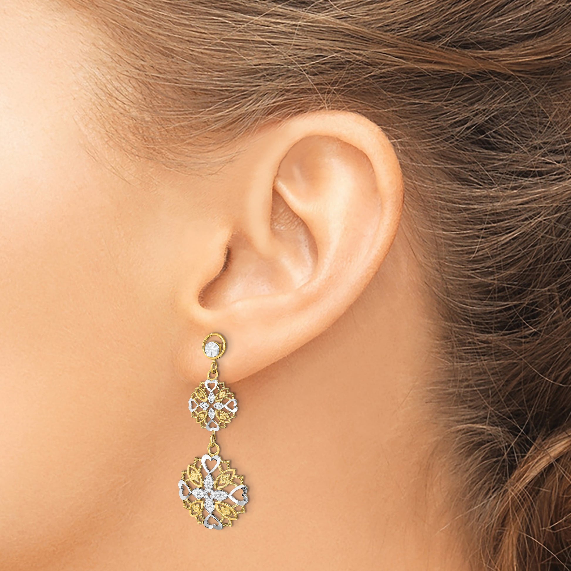 14k and White Rhodium Diamond-cut Flower and Heart Dangle Post Earrings