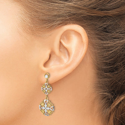 14k and White Rhodium Diamond-cut Flower and Heart Dangle Post Earrings