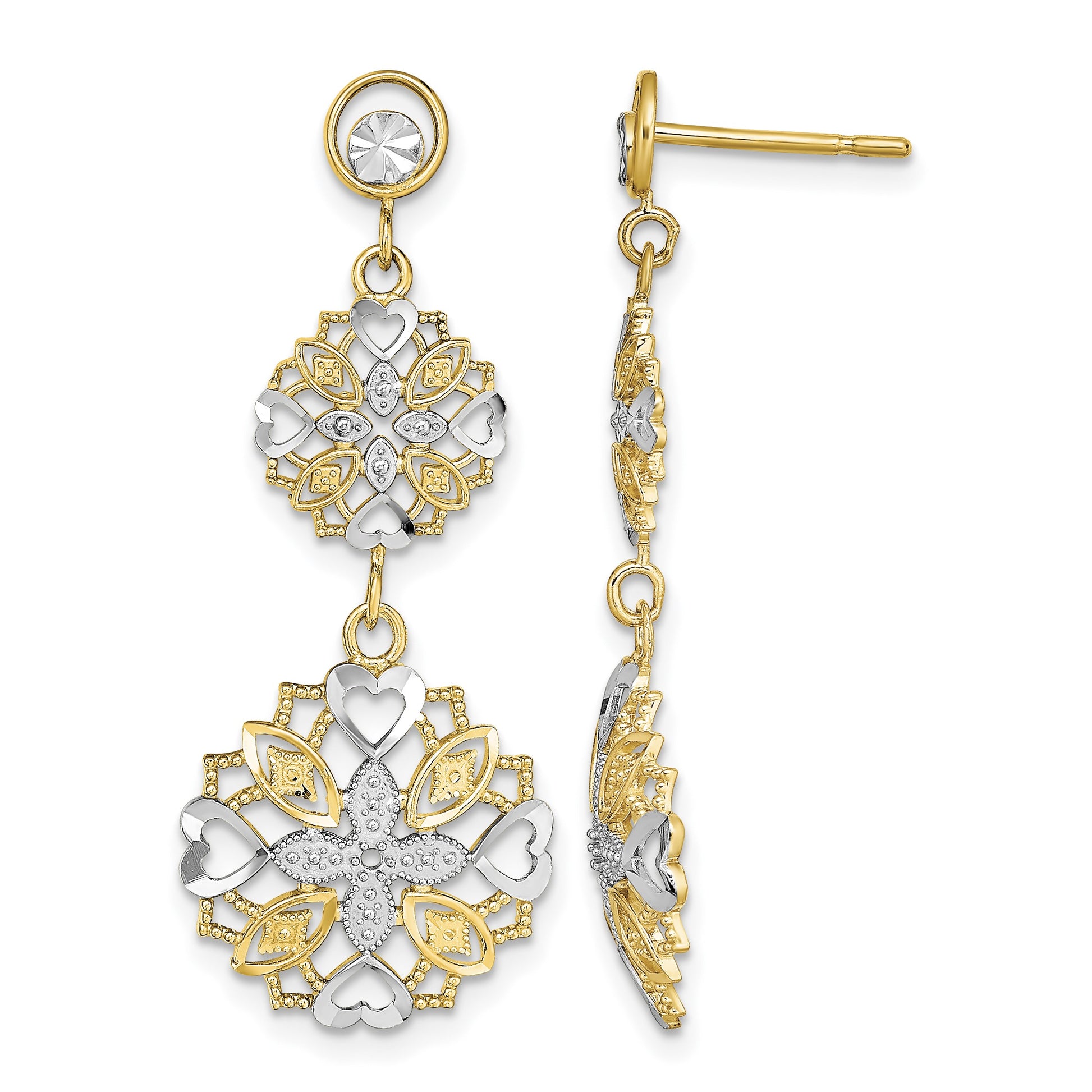 14k and White Rhodium Diamond-cut Flower and Heart Dangle Post Earrings