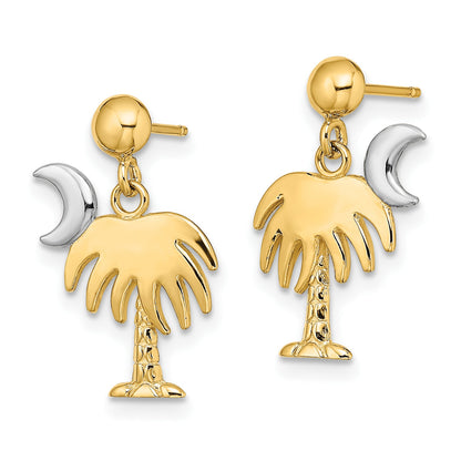 14K and White Rhodium Charleston Palm Tree with Moon Dangle Post Earrings