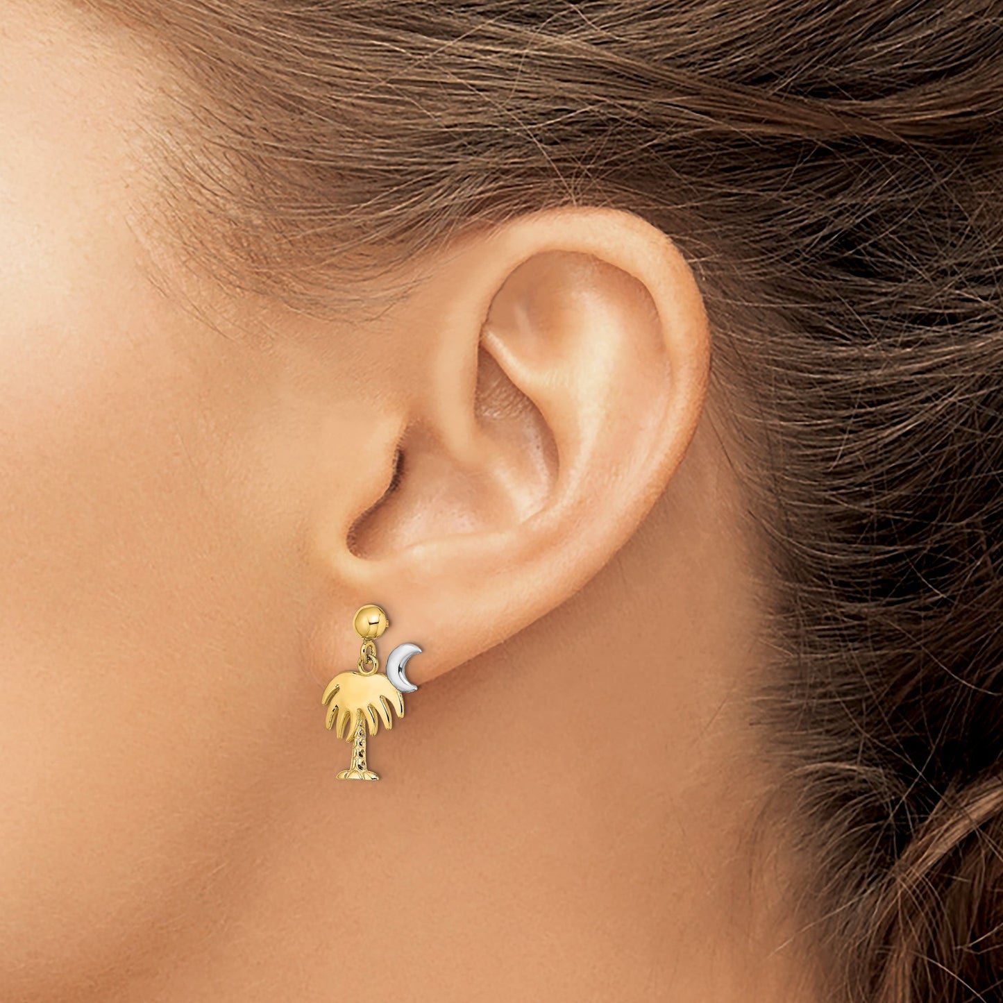 14K and White Rhodium Charleston Palm Tree with Moon Dangle Post Earrings