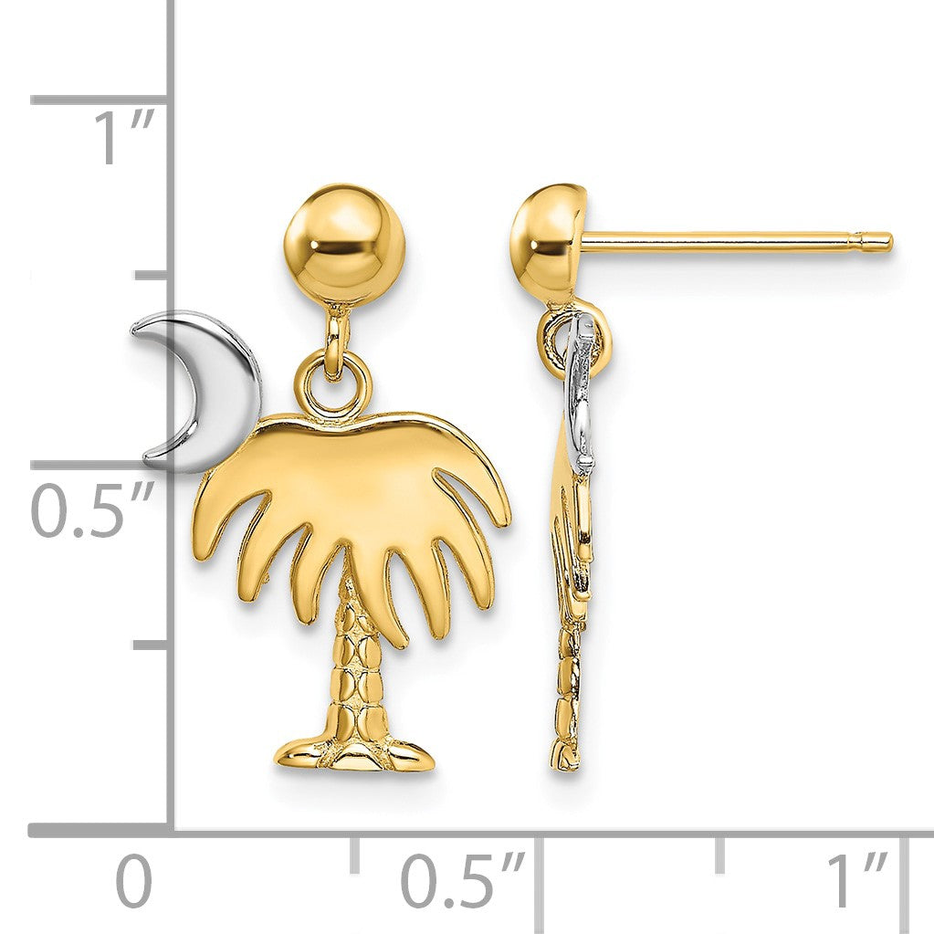 14K and White Rhodium Charleston Palm Tree with Moon Dangle Post Earrings