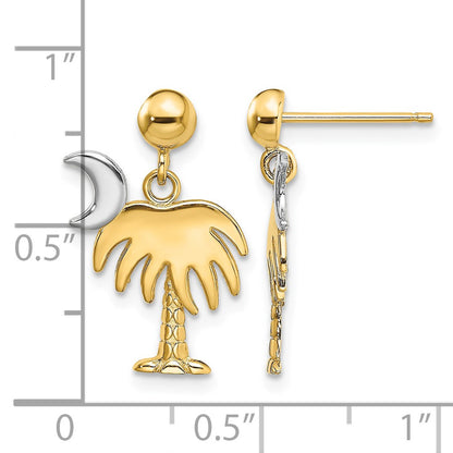 14K and White Rhodium Charleston Palm Tree with Moon Dangle Post Earrings