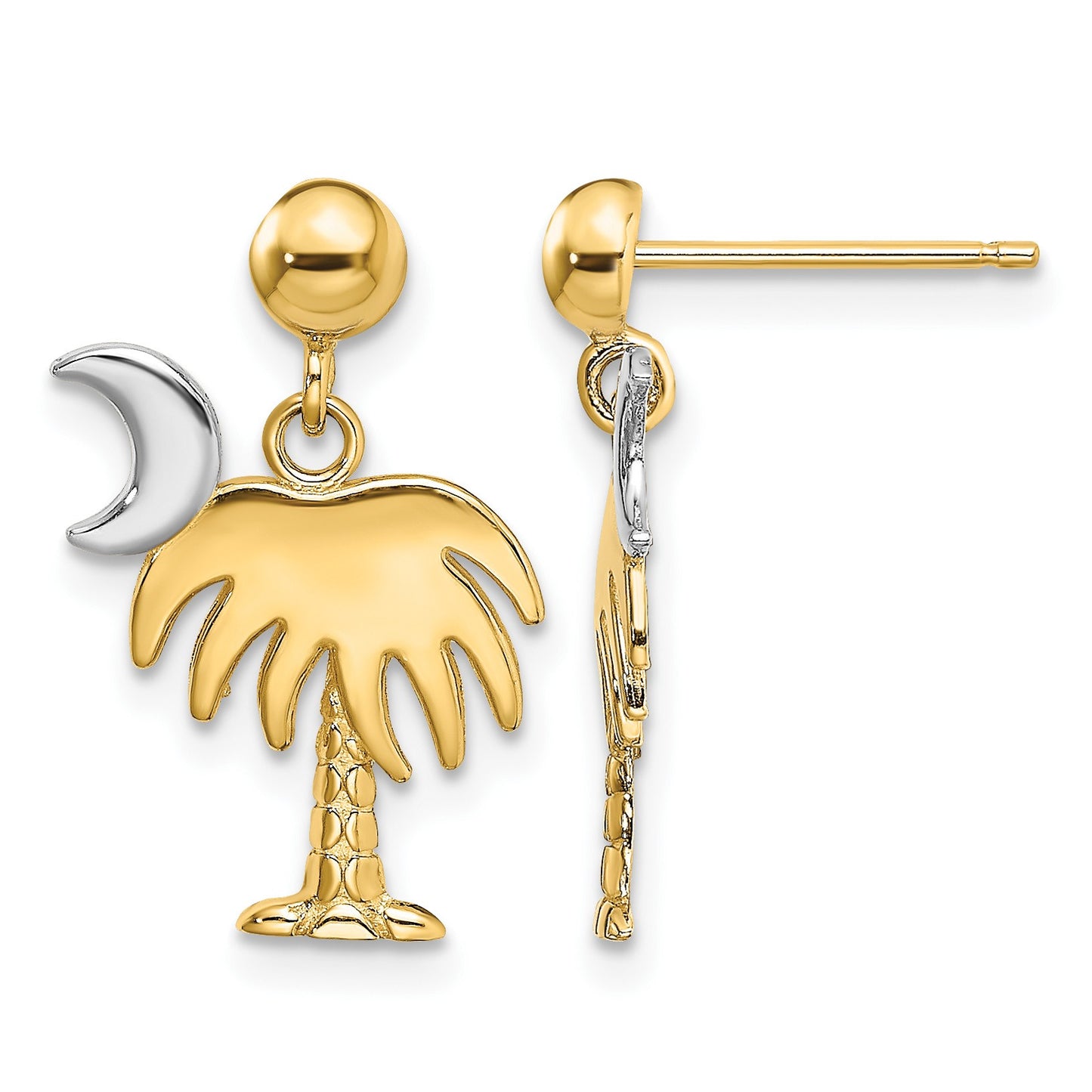 14K and White Rhodium Charleston Palm Tree with Moon Dangle Post Earrings