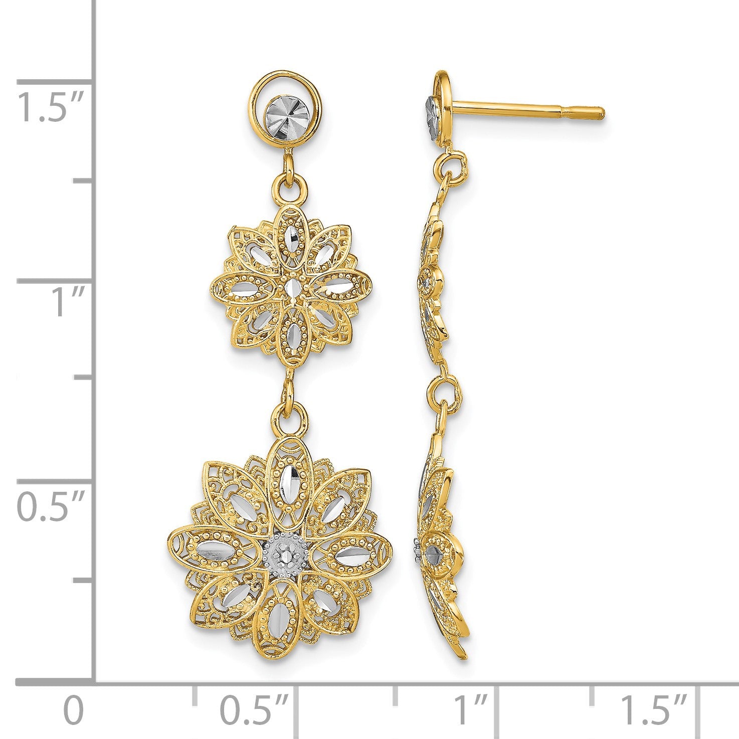 14K and White Rhodium Diamond-cut Filigree Floral Dangle Post Earrings