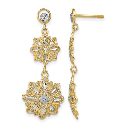 14K and White Rhodium Diamond-cut Filigree Floral Dangle Post Earrings