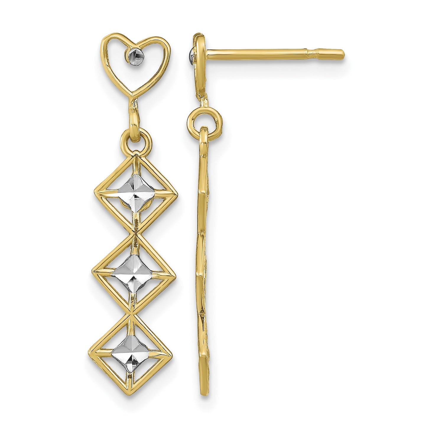 14k and White Rhodium Diamond-cut Heart Diamond-Shape Dangle Post Earrings