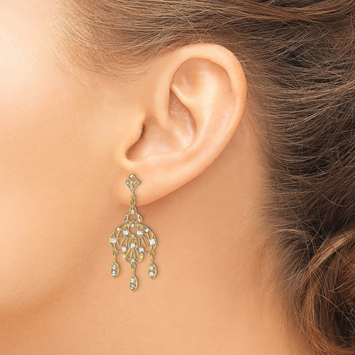 14K and White Rhodium Diamond-cut Chandelier-Style Dangle Post Earrings