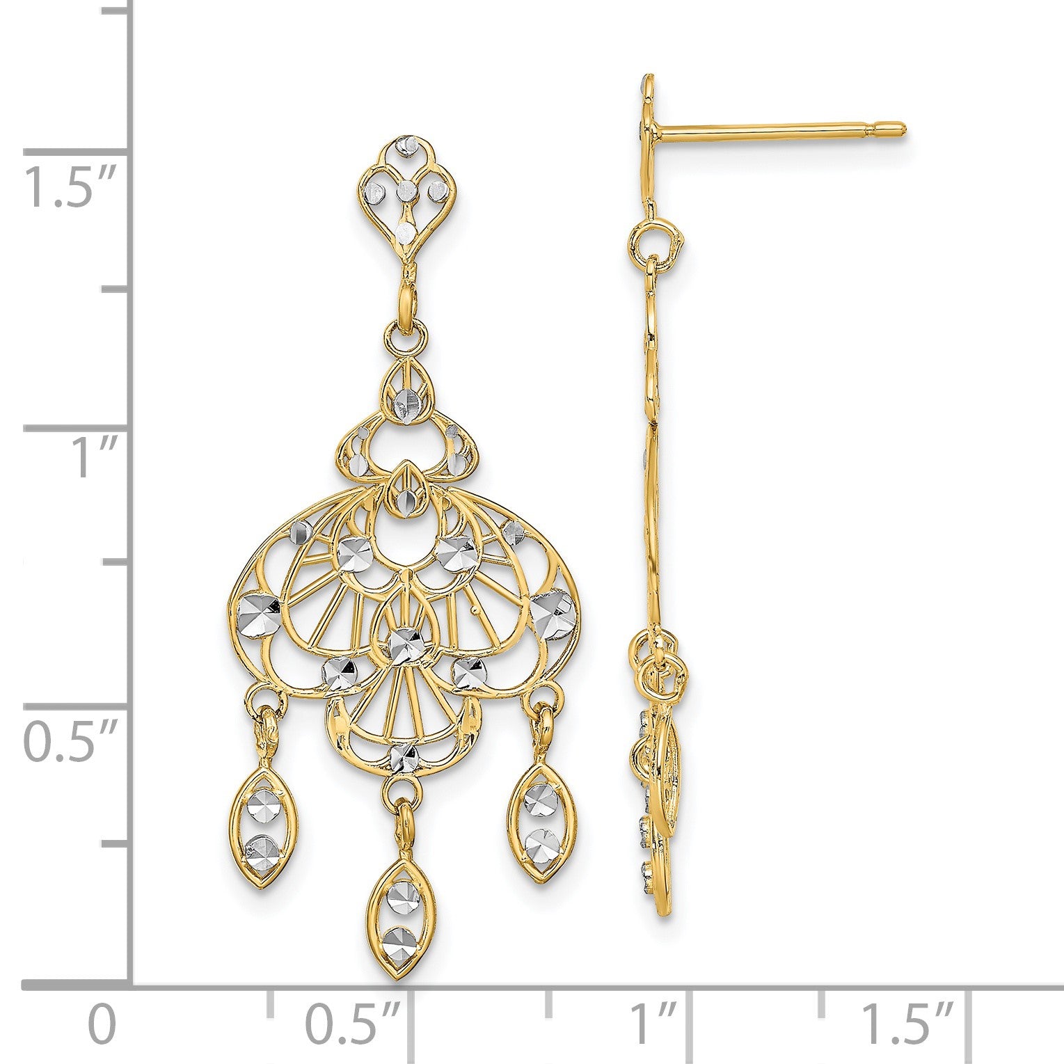 14K and White Rhodium Diamond-cut Chandelier-Style Dangle Post Earrings