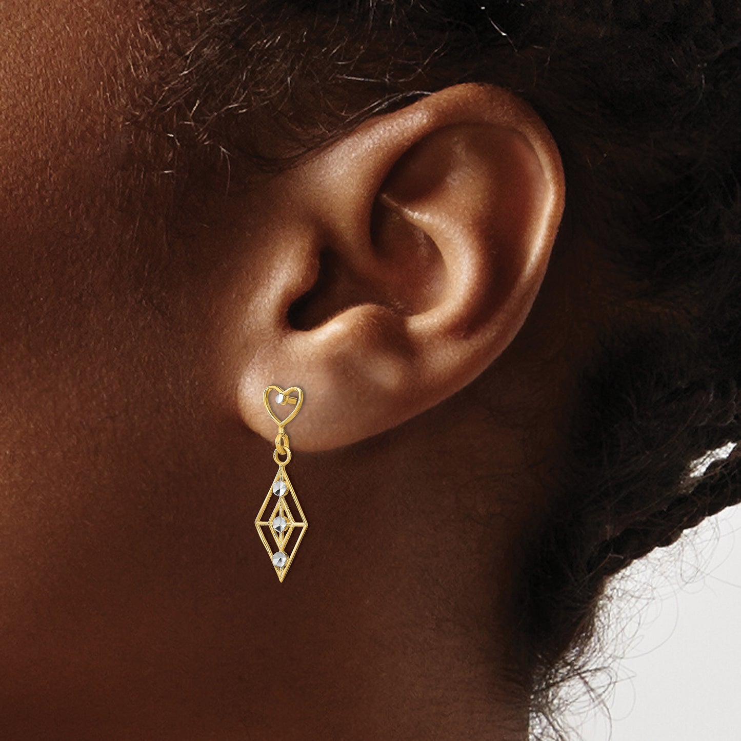 14k and White Rhodium Diamond-cut Diamond-Shape Heart Dangle Post Earrings