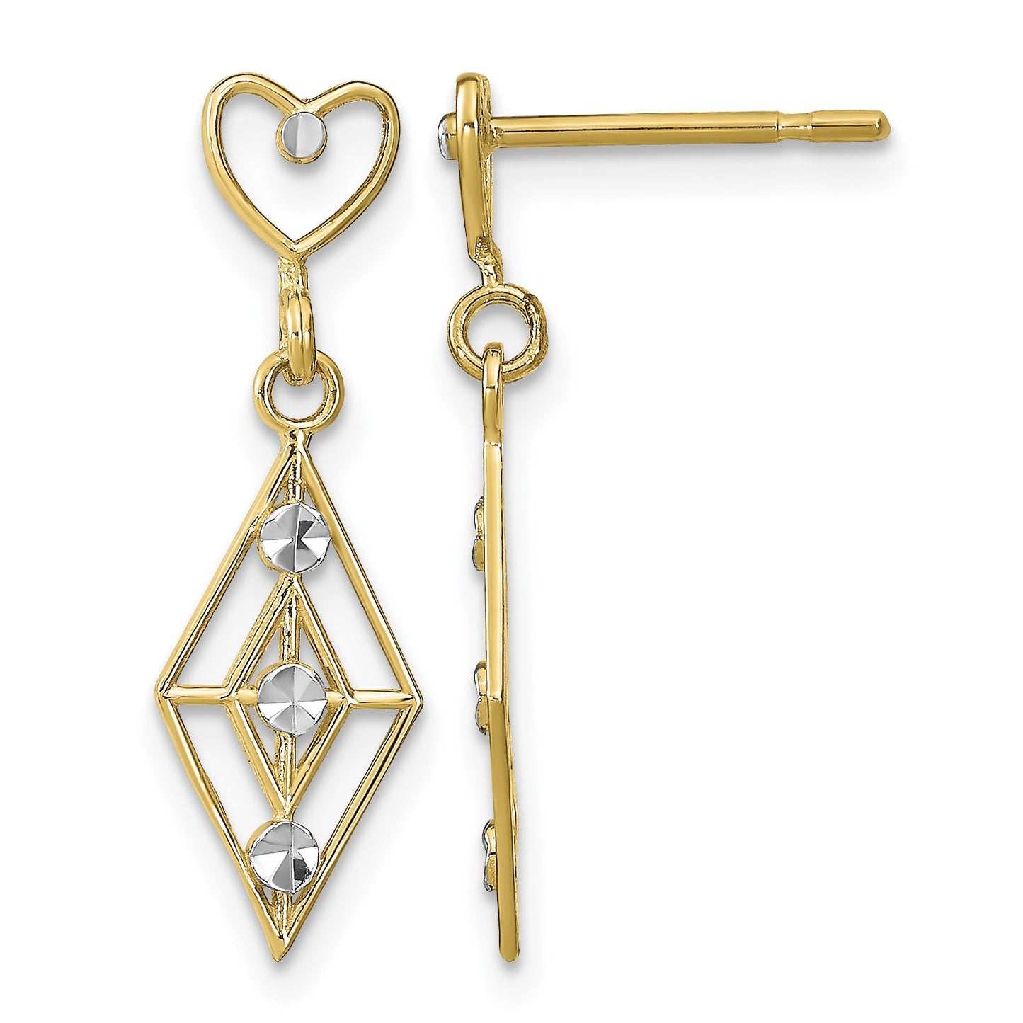 14k and White Rhodium Diamond-cut Diamond-Shape Heart Dangle Post Earrings