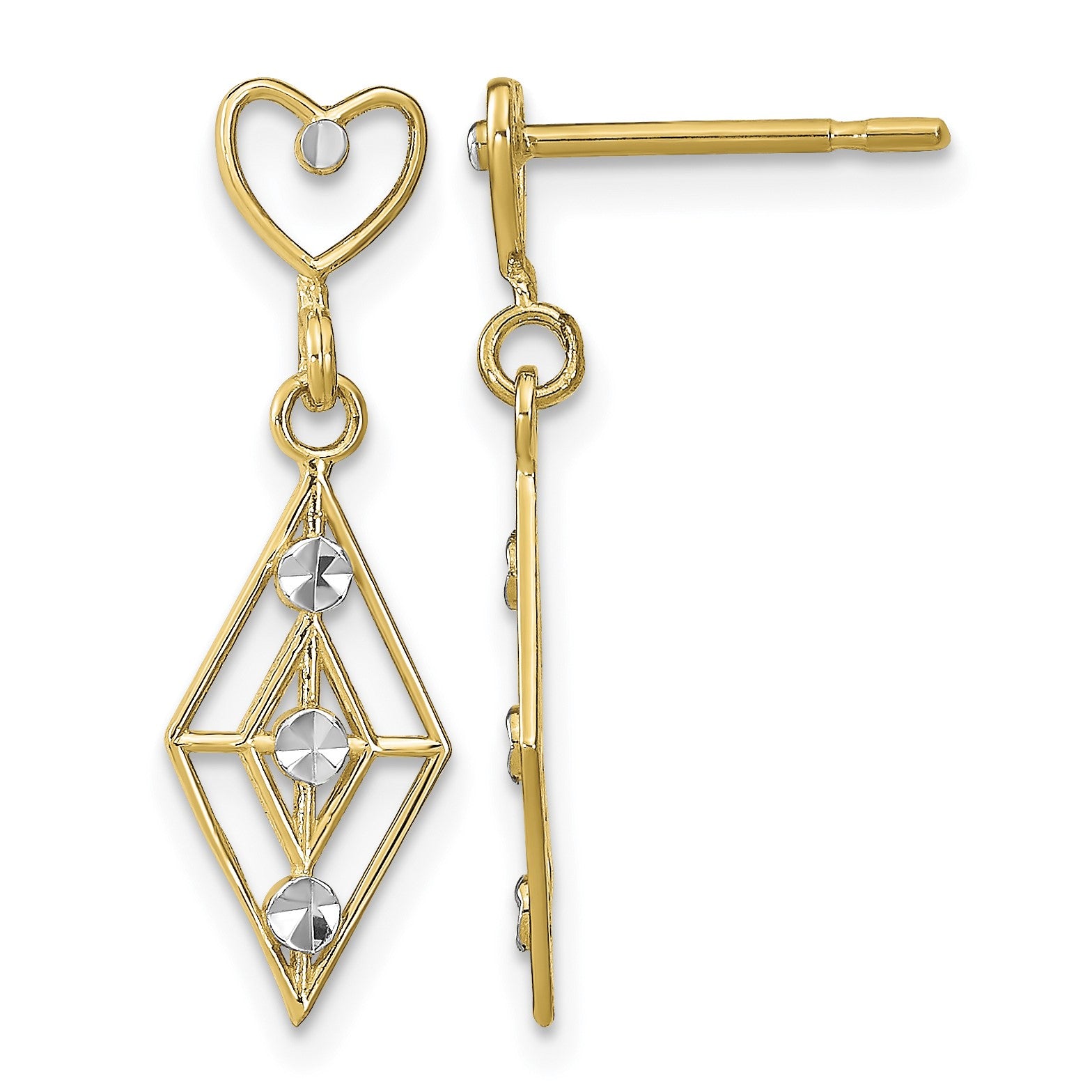 14k and White Rhodium Diamond-cut Diamond-Shape Heart Dangle Post Earrings