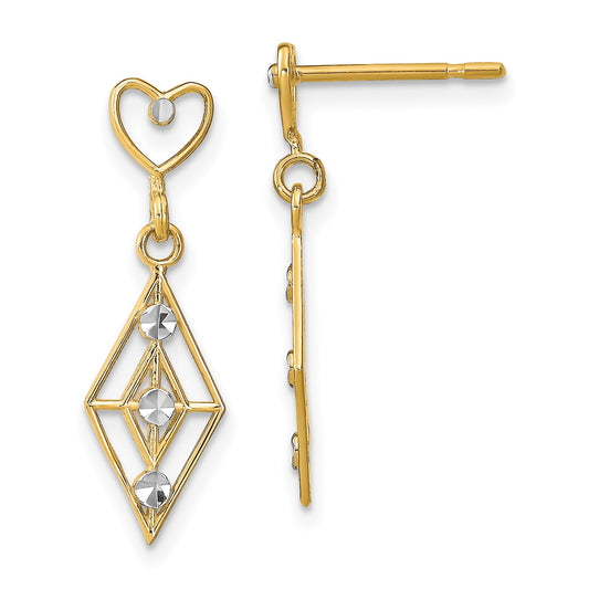 14k and White Rhodium Diamond-cut Diamond-Shape Heart Dangle Post Earrings