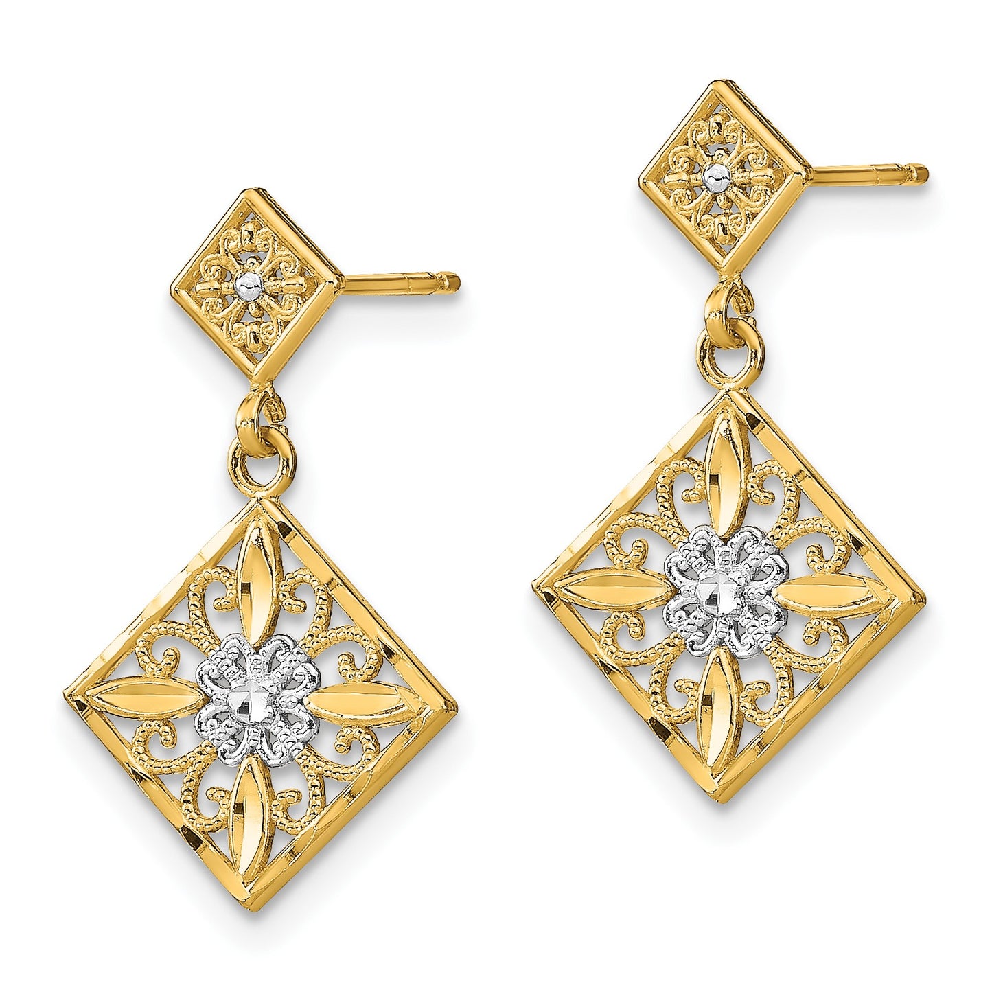 14K and White Rhodium Diamond-cut Square Filigree Dangle Post Earrings
