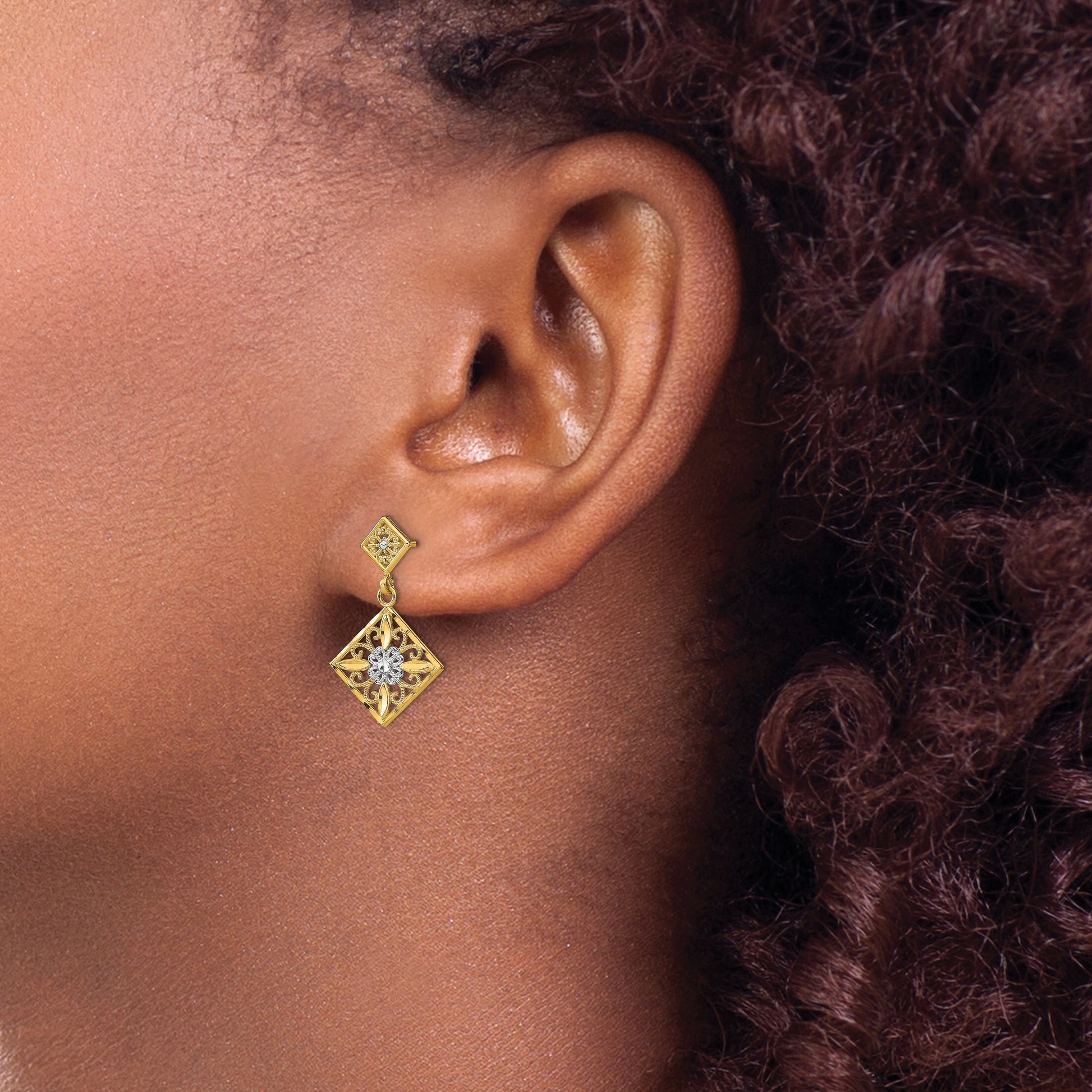 14K and White Rhodium Diamond-cut Square Filigree Dangle Post Earrings