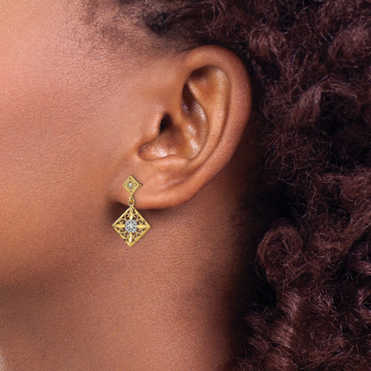 14K and White Rhodium Diamond-cut Square Filigree Dangle Post Earrings