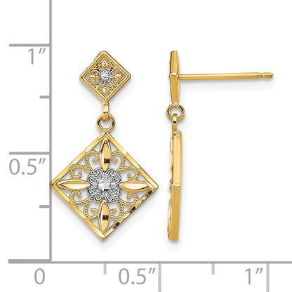 14K and White Rhodium Diamond-cut Square Filigree Dangle Post Earrings