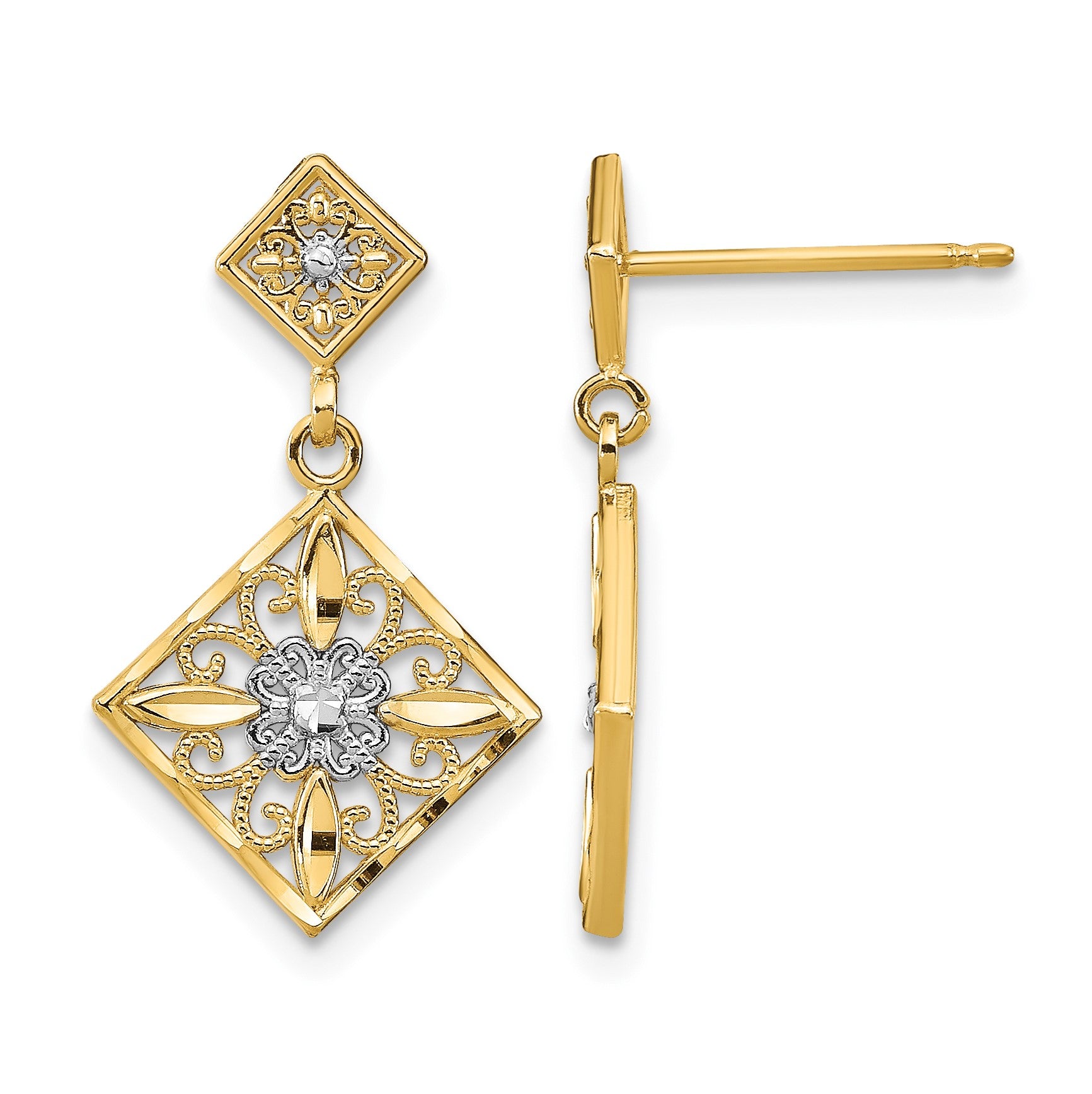 14K and White Rhodium Diamond-cut Square Filigree Dangle Post Earrings
