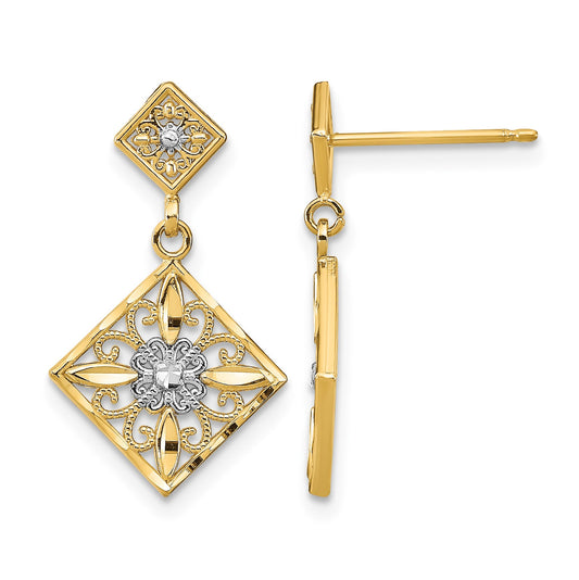 14K and White Rhodium Diamond-cut Square Filigree Dangle Post Earrings