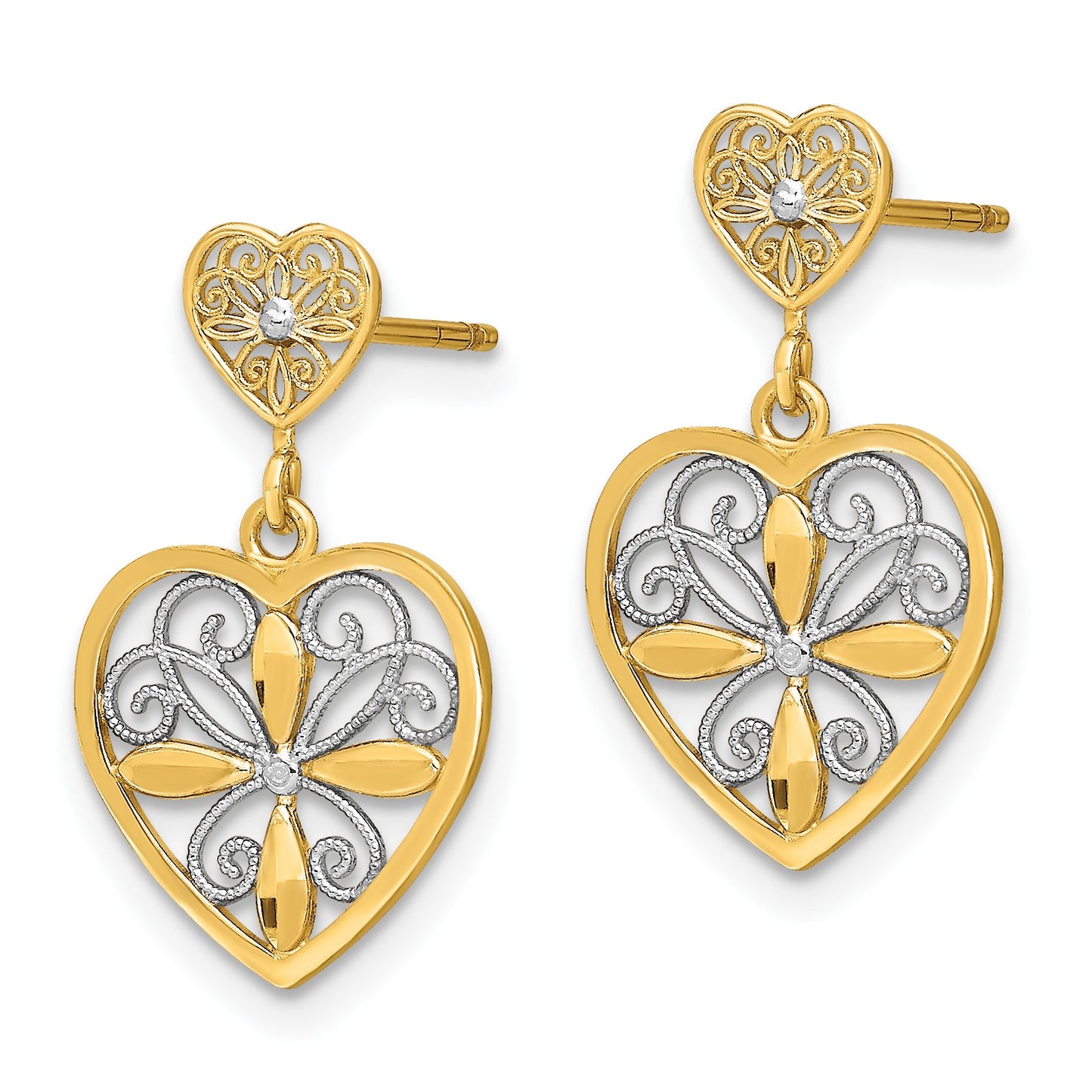 14k and White Rhodium Flower and Heart Beaded Filigree Dangle Post Earrings