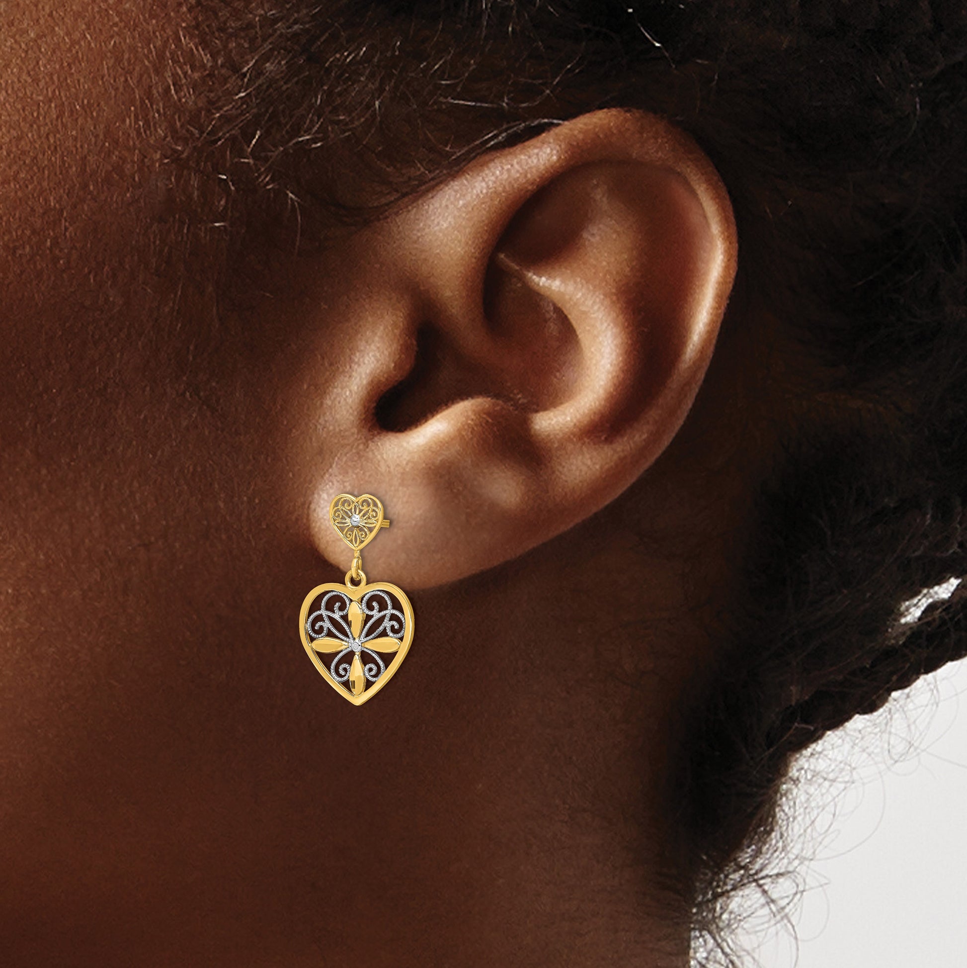 14k and White Rhodium Flower and Heart Beaded Filigree Dangle Post Earrings