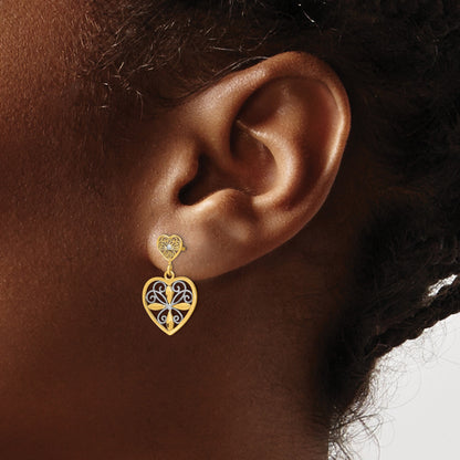 14k and White Rhodium Flower and Heart Beaded Filigree Dangle Post Earrings