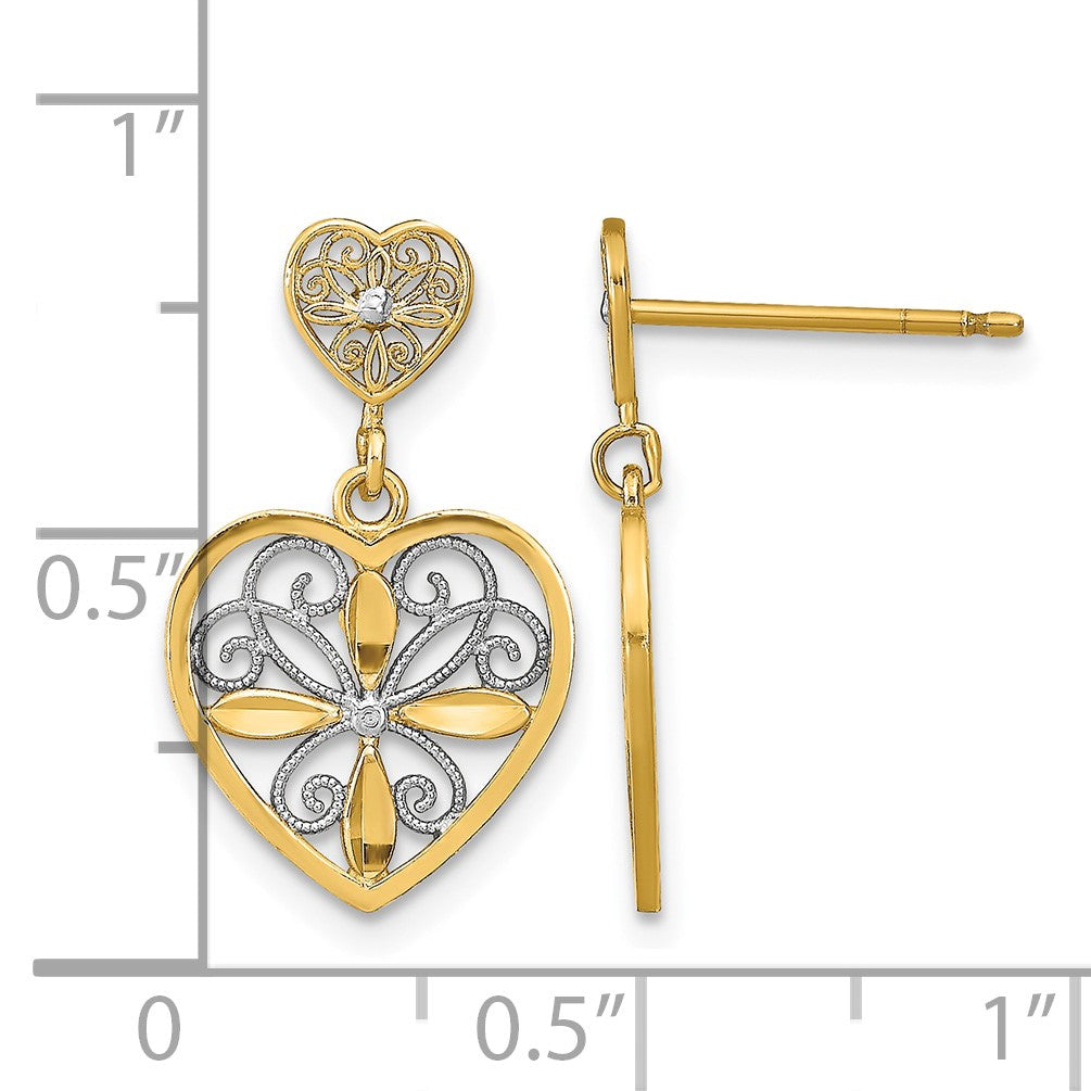14k and White Rhodium Flower and Heart Beaded Filigree Dangle Post Earrings