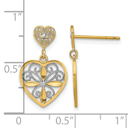 14k and White Rhodium Flower and Heart Beaded Filigree Dangle Post Earrings
