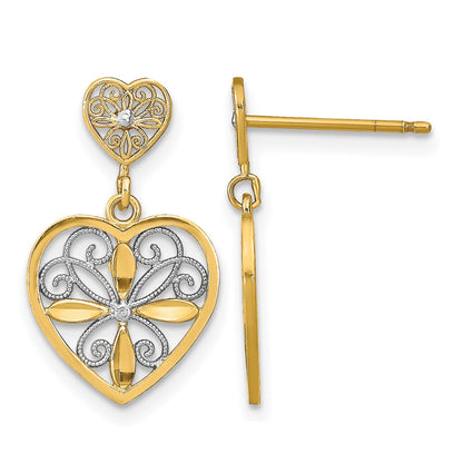 14k and White Rhodium Flower and Heart Beaded Filigree Dangle Post Earrings