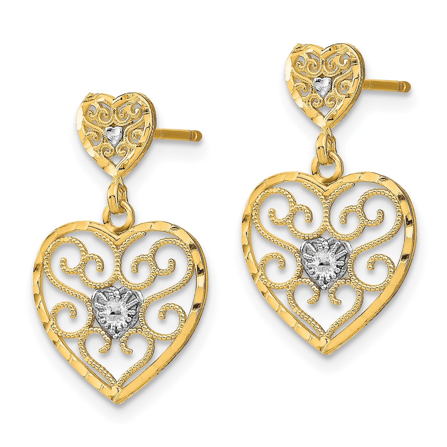 14k and White Rhodium Heart Beaded Filigree Dangle Post Earrings