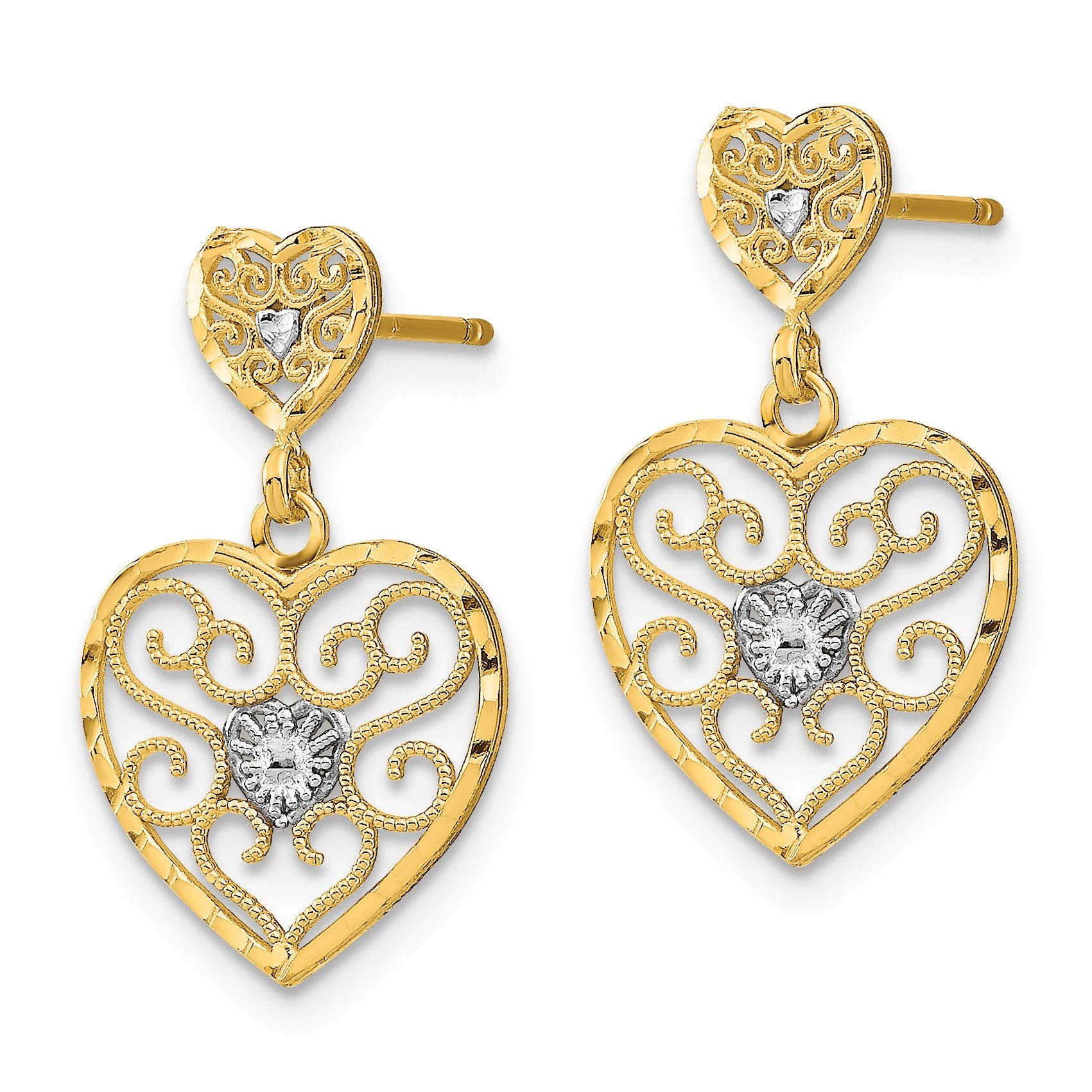 14k and White Rhodium Heart Beaded Filigree Dangle Post Earrings