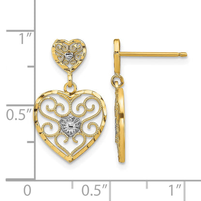 14k and White Rhodium Heart Beaded Filigree Dangle Post Earrings