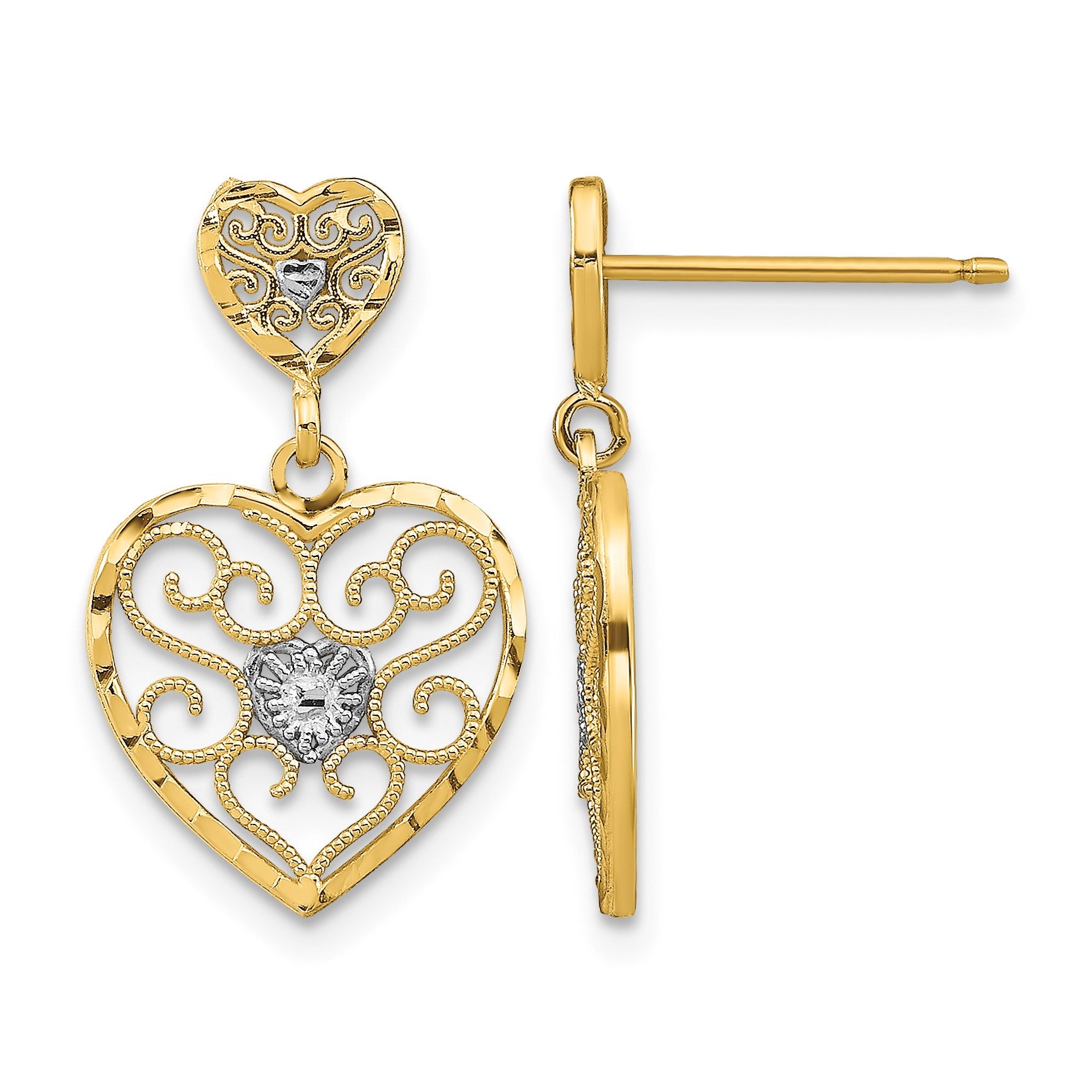 14k and White Rhodium Heart Beaded Filigree Dangle Post Earrings