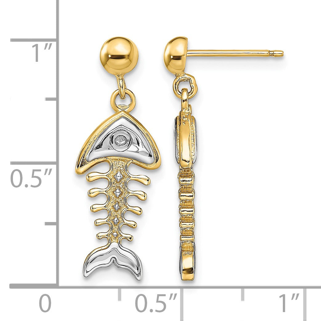 14K and White Rhodium Fishbone Dangle Post Earrings