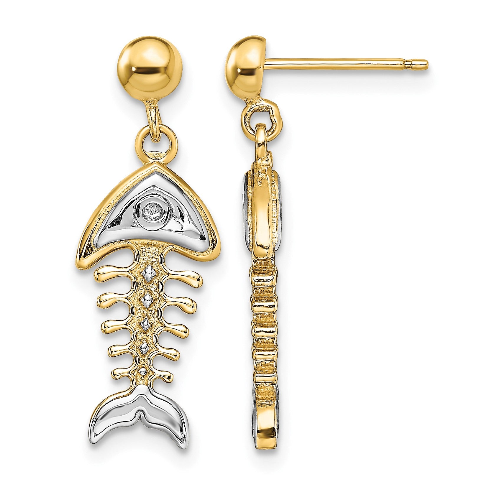 14K and White Rhodium Fishbone Dangle Post Earrings