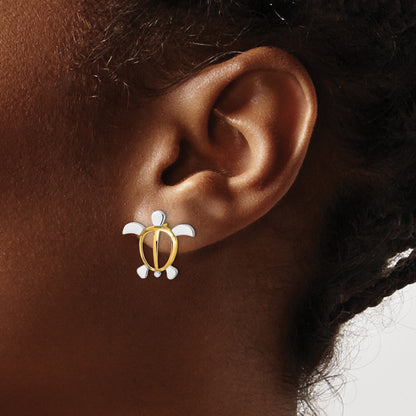 14K and White Rhodium Sea Turtle Post Earrings