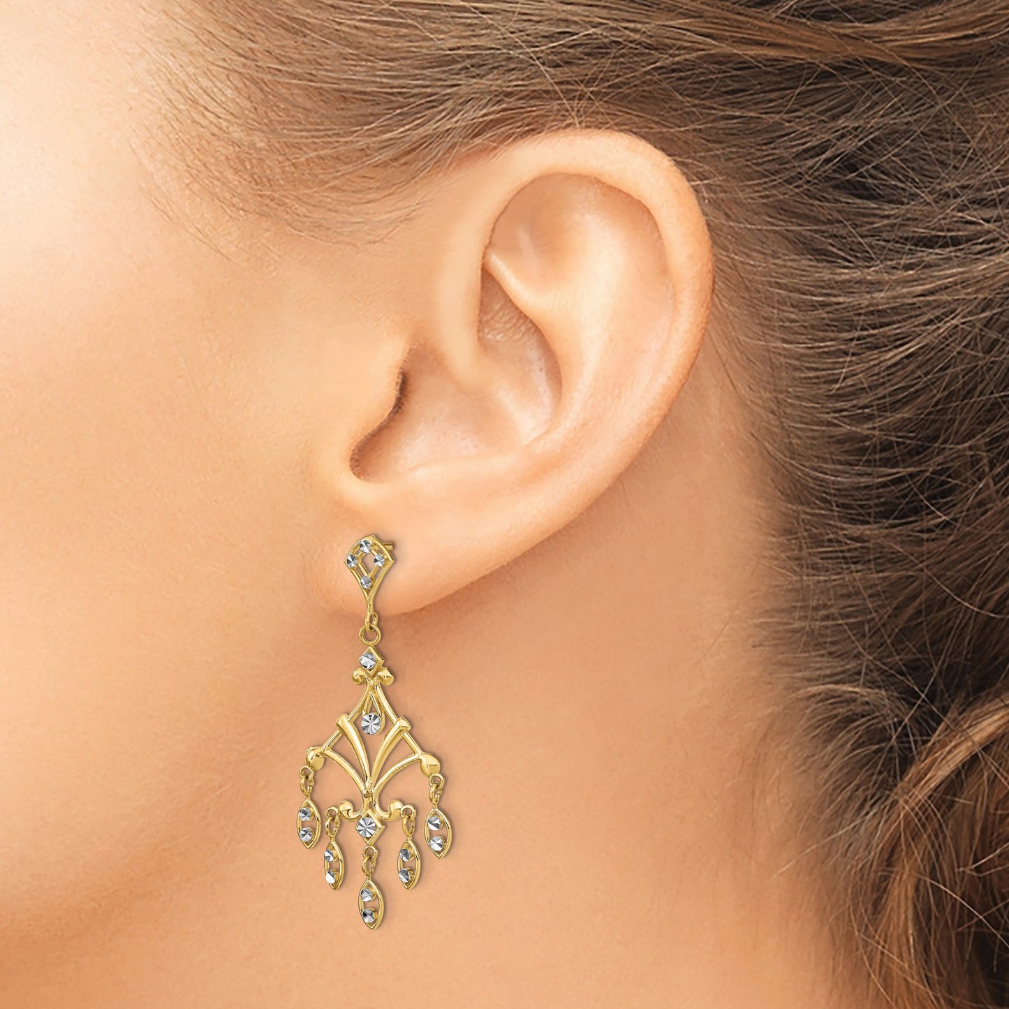 14K and White Rhodium Diamond-cut Chandelier-Style Dangle Post Earrings