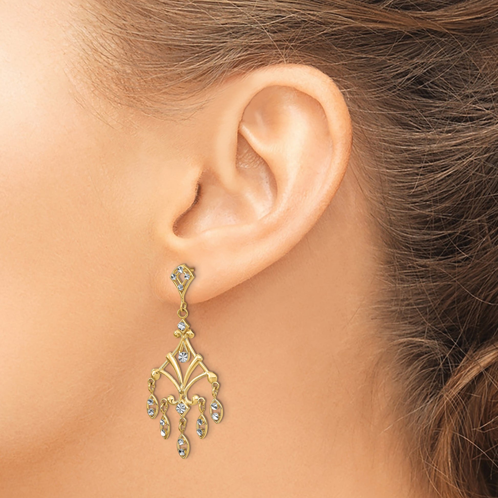 14K and White Rhodium Diamond-cut Chandelier-Style Dangle Post Earrings