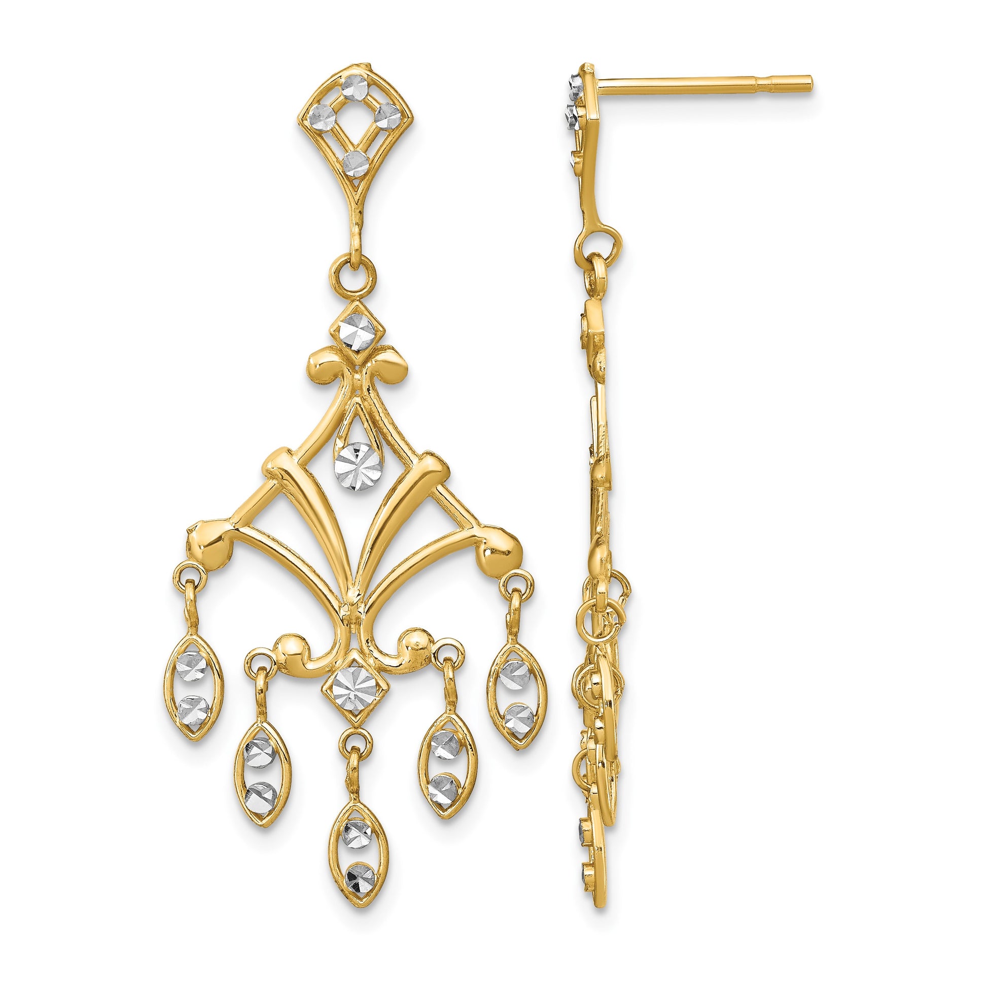 14K and White Rhodium Diamond-cut Chandelier-Style Dangle Post Earrings