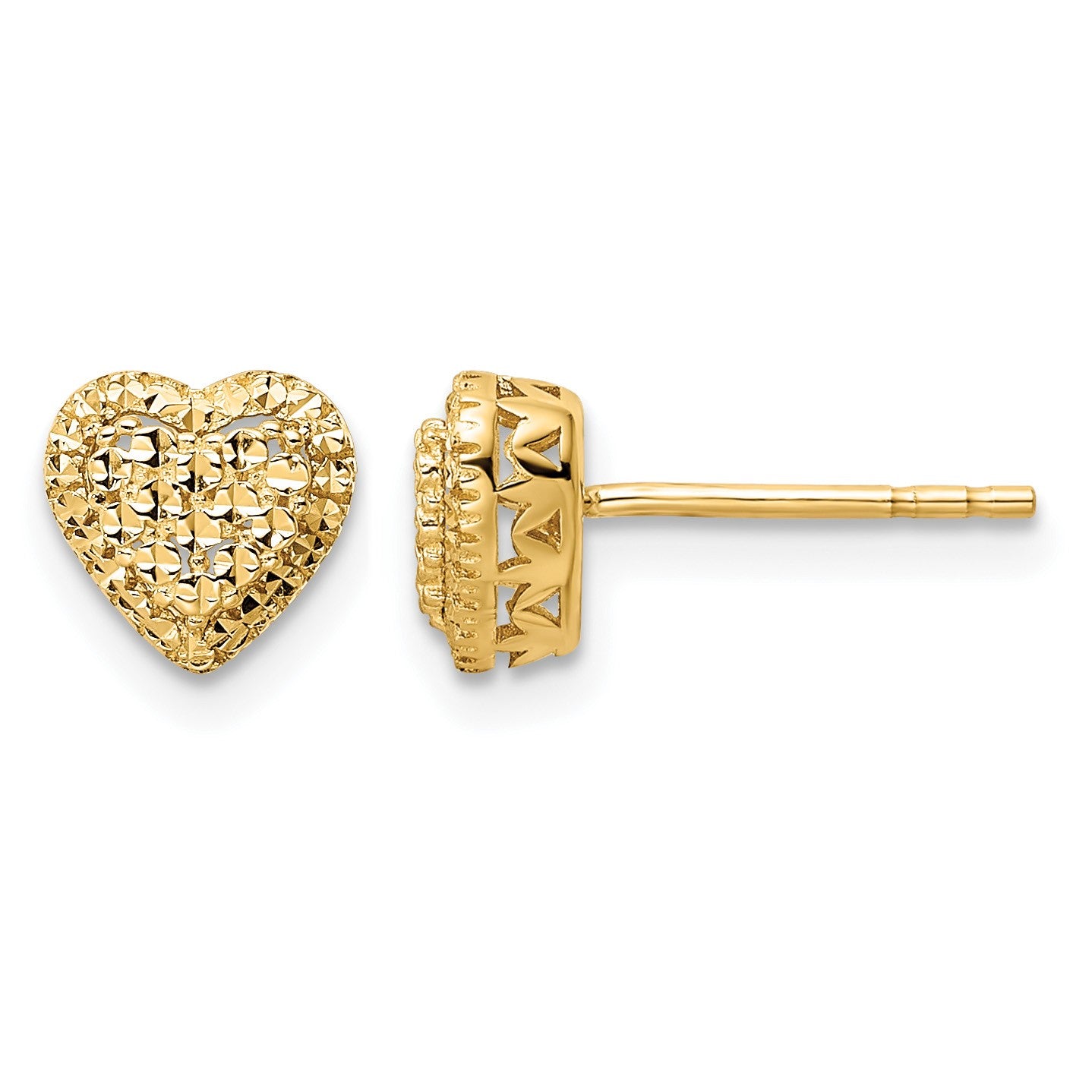 14k Polished Diamond-cut Heart Post Earrings