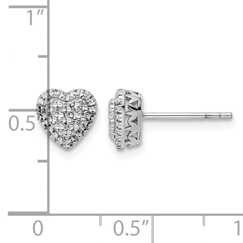 14k White Gold Polished Diamond-cut Heart Post Earrings
