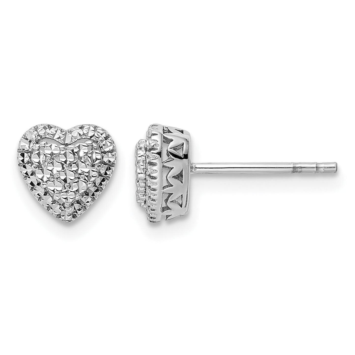 14k White Gold Polished Diamond-cut Heart Post Earrings
