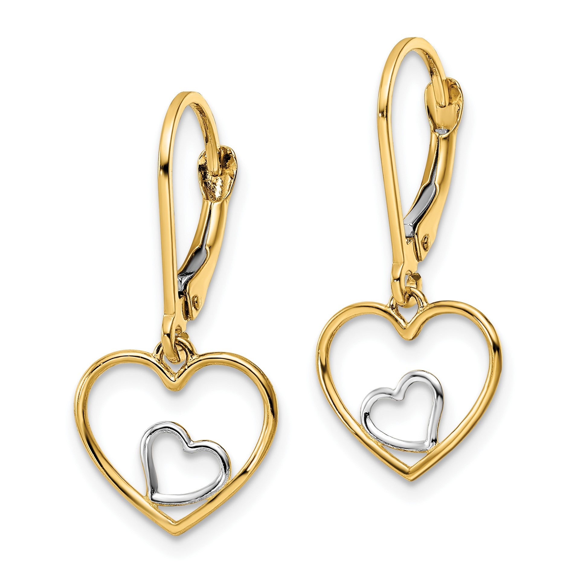 14k and White Rhodium Heart in Heart Leverback Dangle Earrings