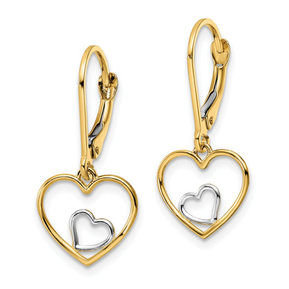 14k and White Rhodium Heart in Heart Leverback Dangle Earrings